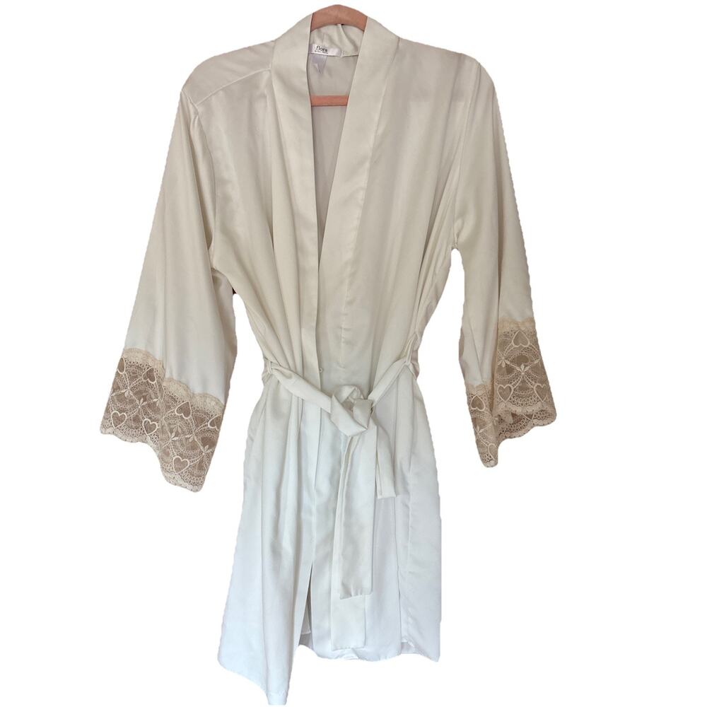 Flora Nikrooz Satin Kimono Robe Ivory Lace Trim Tie Accent 3/4 Sleeve Size L/XL